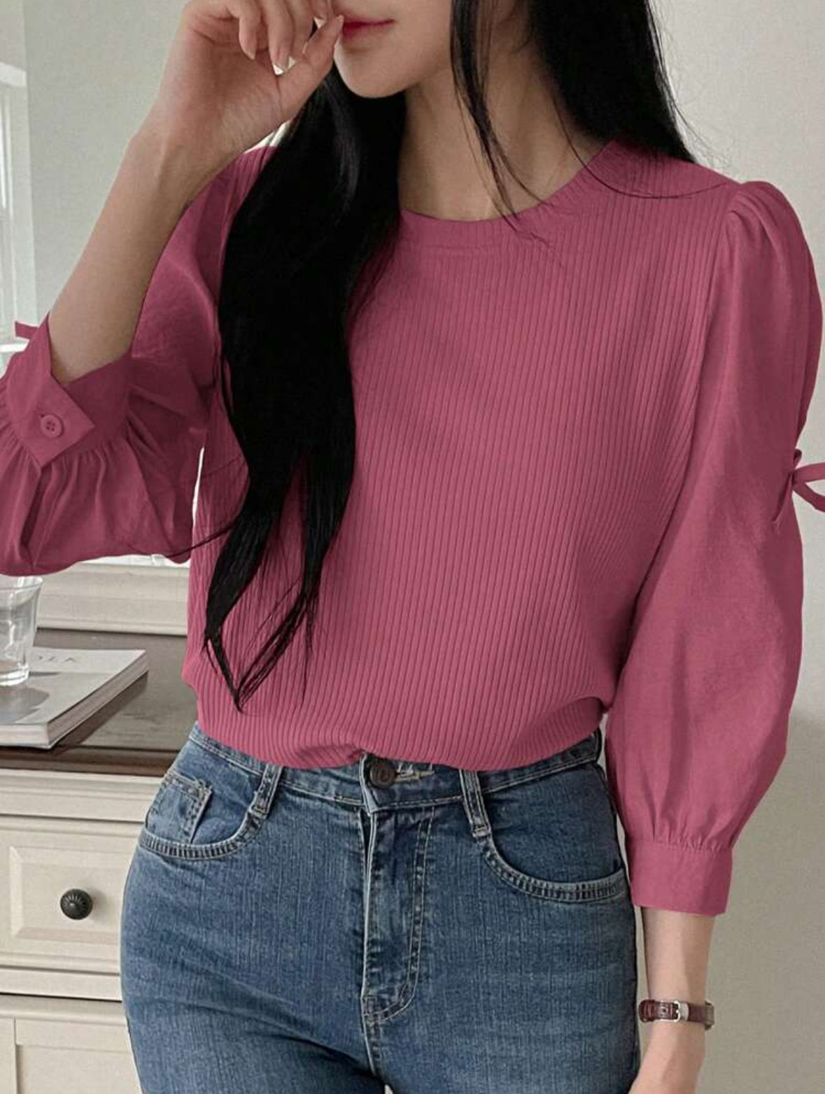 Blouse décontracté manches bouffantes avec nœud (Rose)