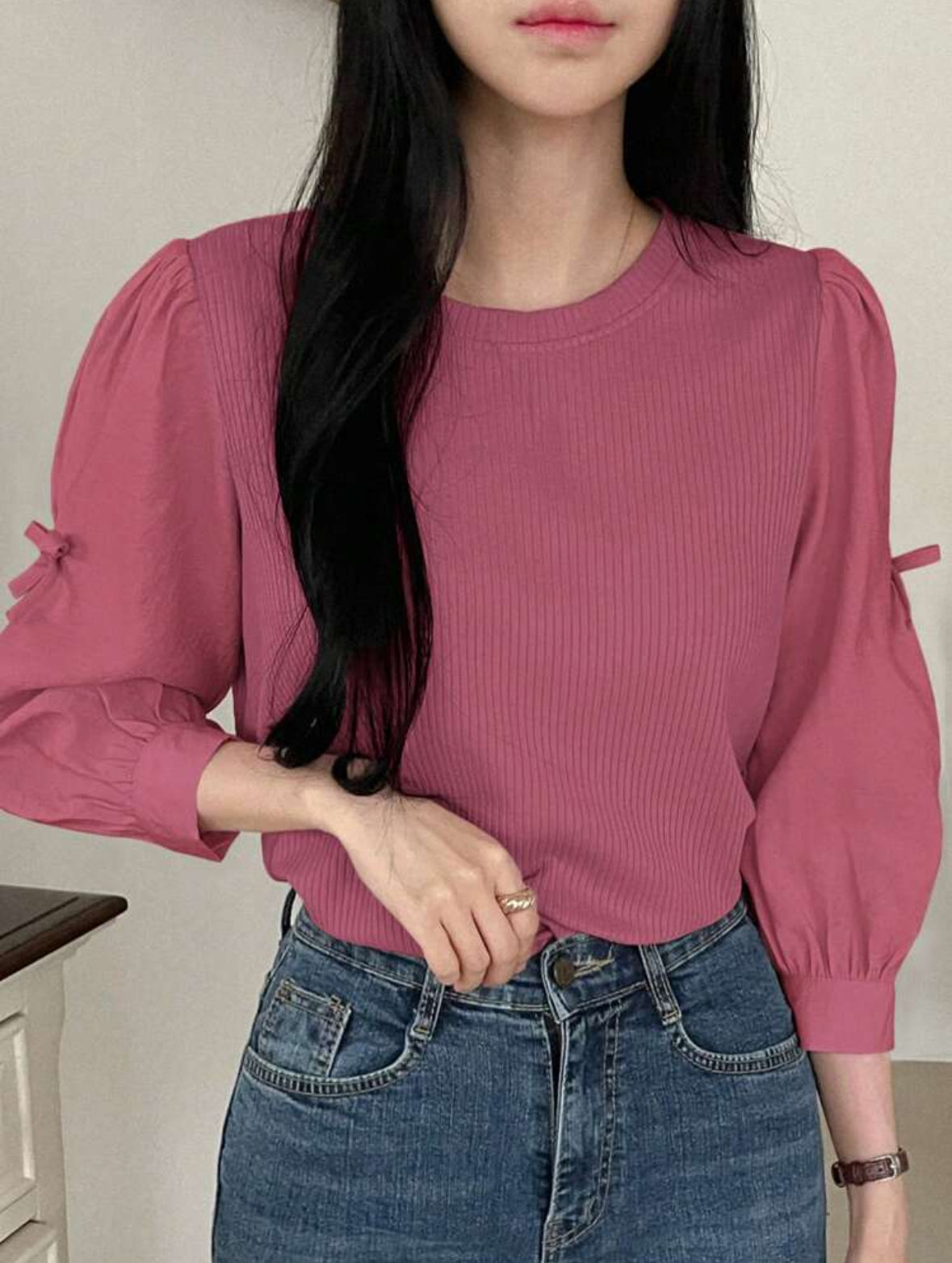 Blouse décontracté manches bouffantes avec nœud (Rose)