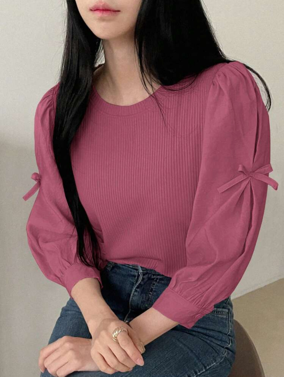 Blouse décontracté manches bouffantes avec nœud (Rose)