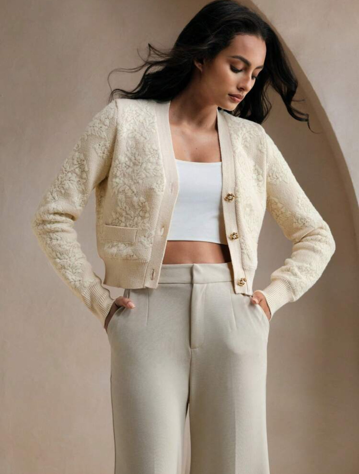 Cardigan Tricoté à Manches col en V