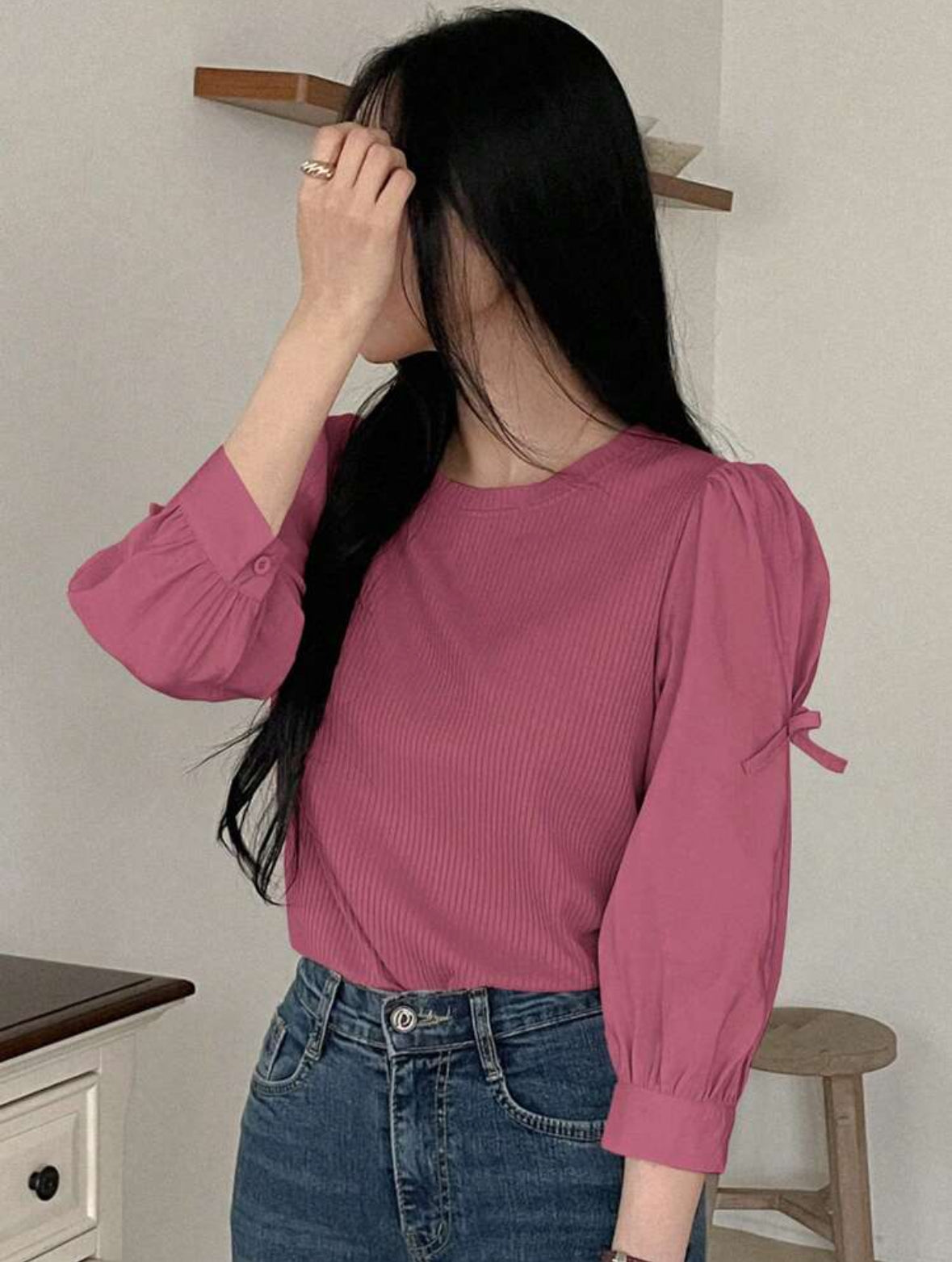 Blouse décontracté manches bouffantes avec nœud (Rose)