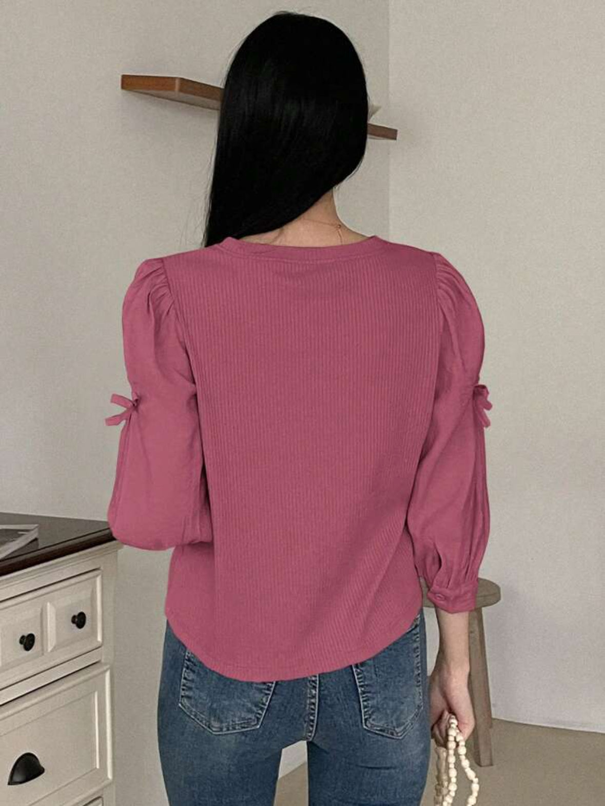 Blouse décontracté manches bouffantes avec nœud (Rose)