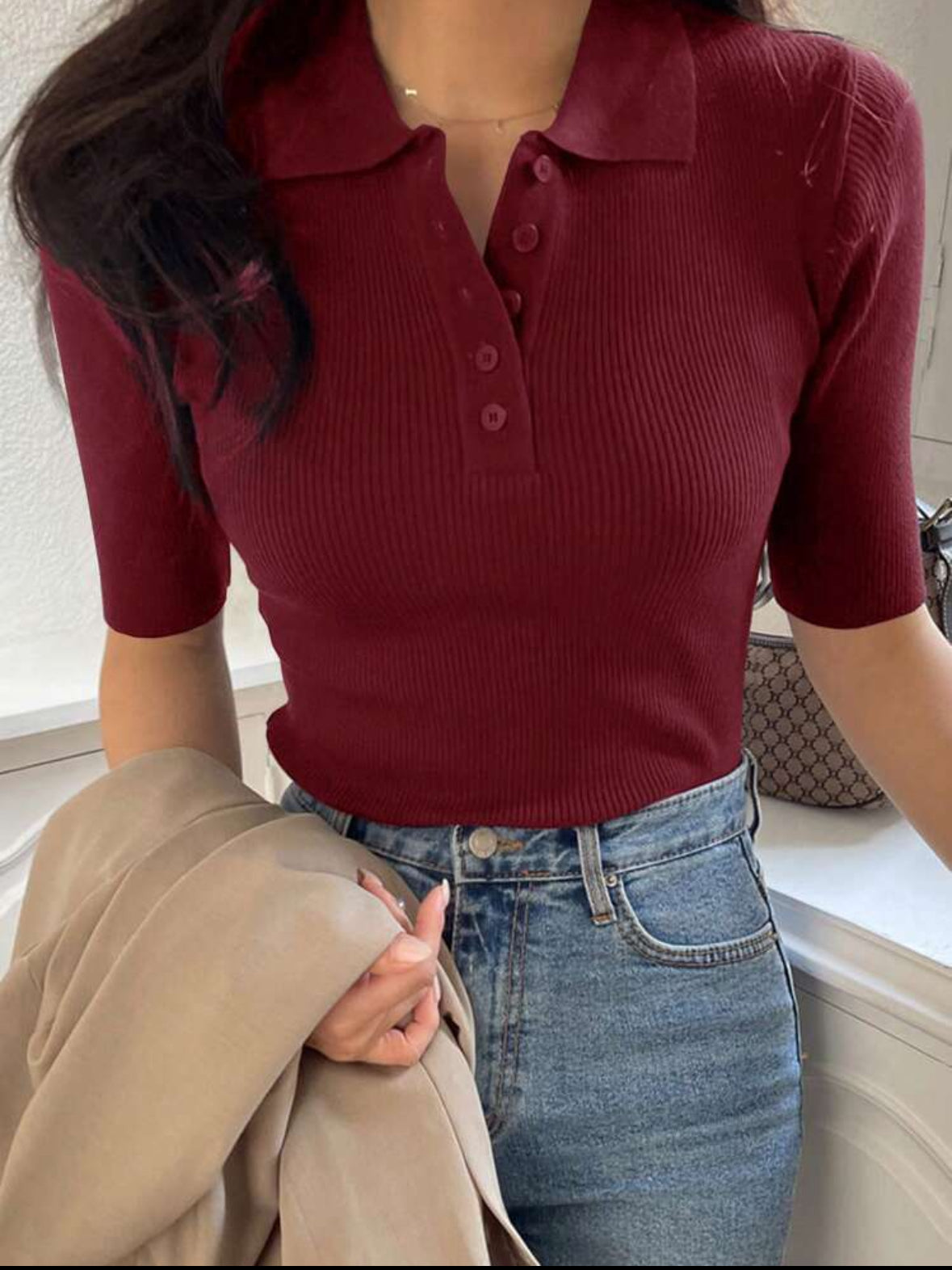 Pull col polo à demi-boutonné tricoté