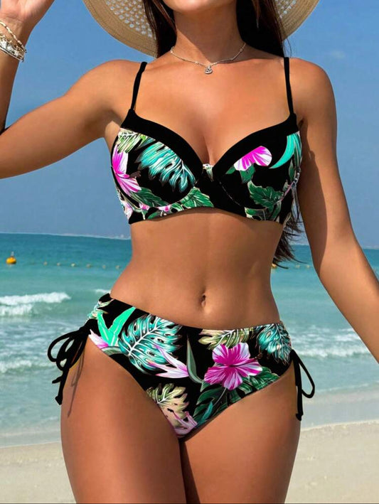 Ensemble bikini sexy imprimé de plantes tropicales